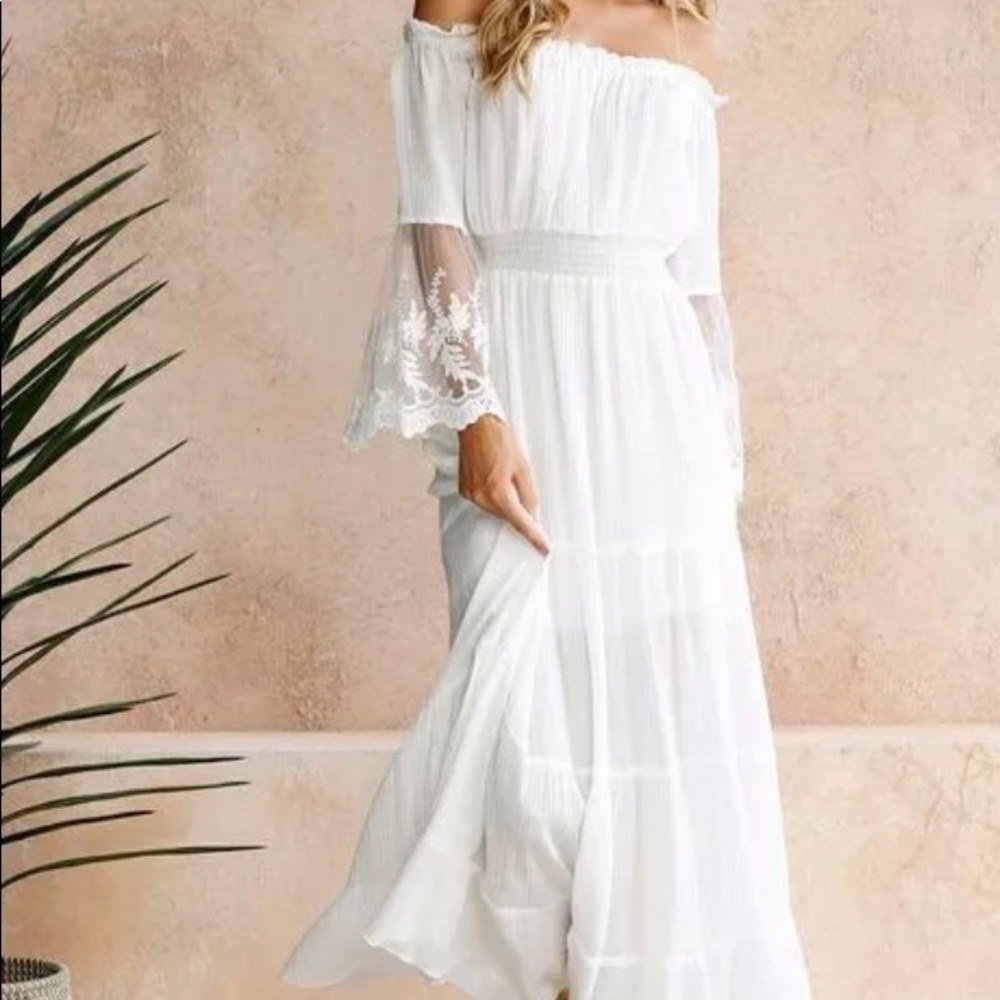WHITE BOHO LACE MAXI DRESS WITH A BANDEAU NECK - LAST ONE! - Picture 7 of 9
